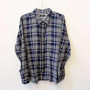 7 for All Mankind Mens Navy Blue Plaid Button Shirt XL Long Sleeve Cotton Collar